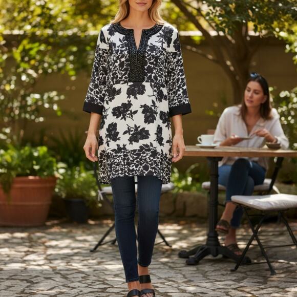 Michael Kors Floral Sequin Sheath Dress Black White 3/4 Sheer Sleeve Sz 14 - Picture 2 of 10